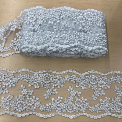 Corded & Embroidered Double Sided White with Silver Trimming on Mesh Net Lace. Lace Usa