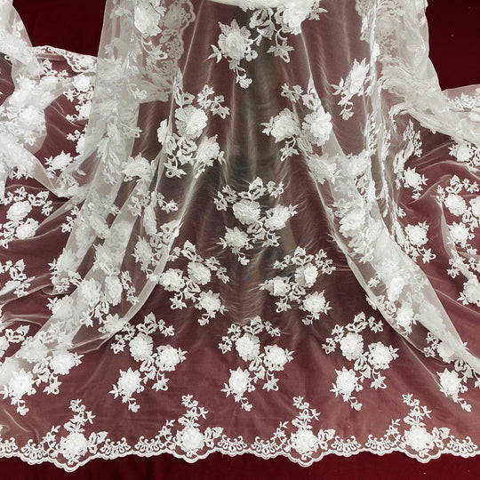 Tela de encaje floral 3D con cuentas bordada en malla de red 100 % poliéster | Encaje EE. UU.