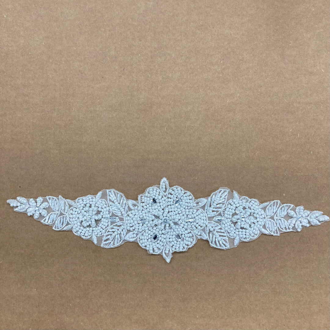 Pearl & Rhinestone Beaded Lace Applique Embroidered on 100% Polyester Net Mesh | Lace USA Pearl & Rhinestone Beaded Lace Applique Embroidered on 100% Polyester Net Mesh | Lace USA