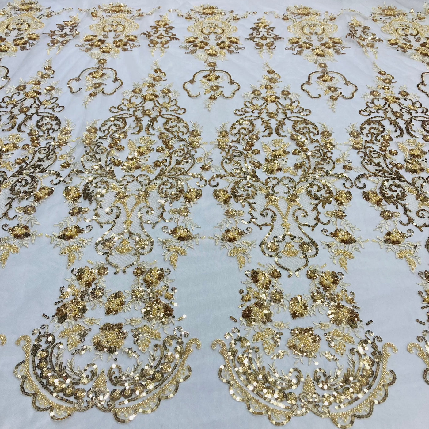 Beaded Lace Fabric Embroidered on 100% Polyester Net Mesh | LaceUSA - GD-210907 Gold