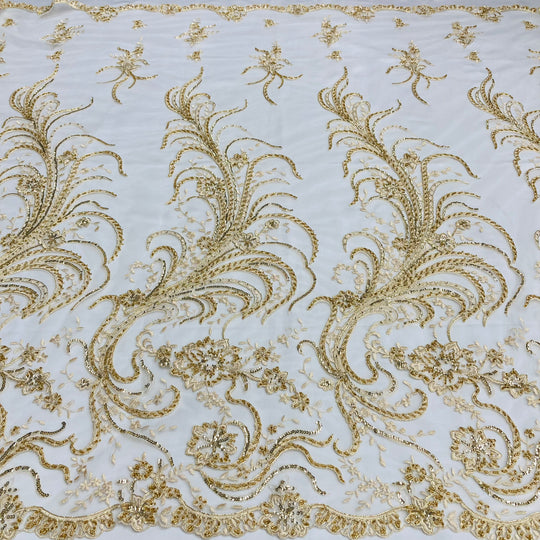 Beaded & Corded Bridal Lace Fabric Embroidered on 100% Polyester Net Mesh | Lace USA