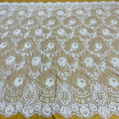 3 Yards Precut Beaded & Corded Chantilly Floral Lace Fabric Embroidered on 100% Polyester Net Mesh | Lace USA - 97143W-BP White