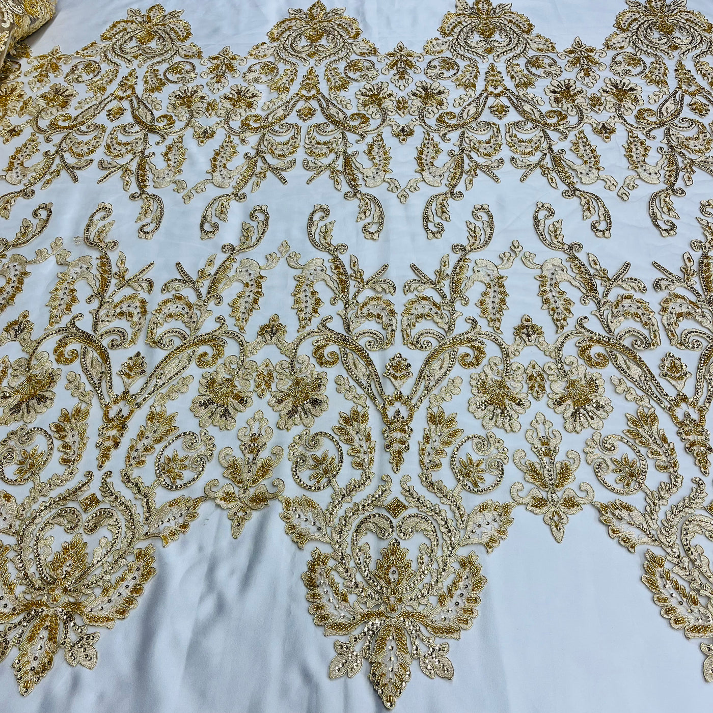 Beaded & Corded Bridal Lace Fabric Embroidered on 100% Polyester Net Mesh Metallic Gold | Lace USA