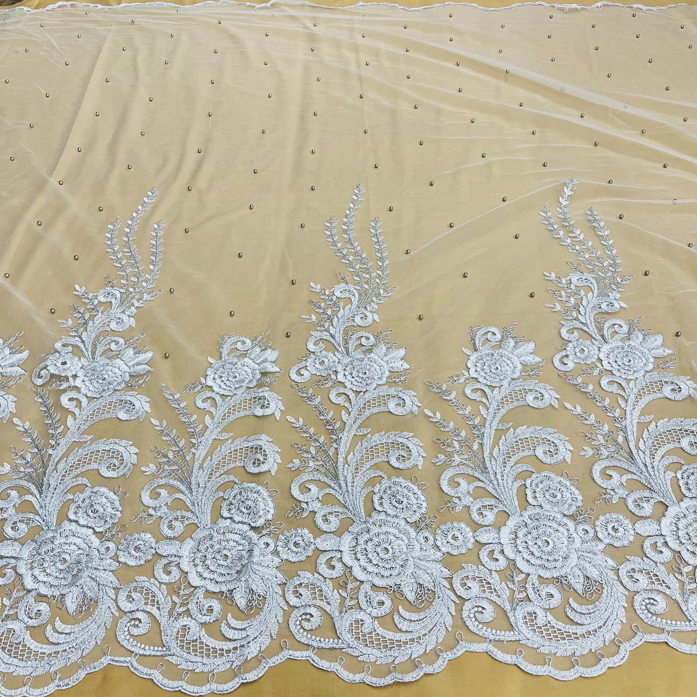 Beaded & Corded Bridal Lace Fabric Embroidered on 100% Polyester Net Mesh | Lace USA