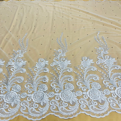 Beaded & Corded Bridal Lace Fabric Embroidered on 100% Polyester Net Mesh | Lace USA