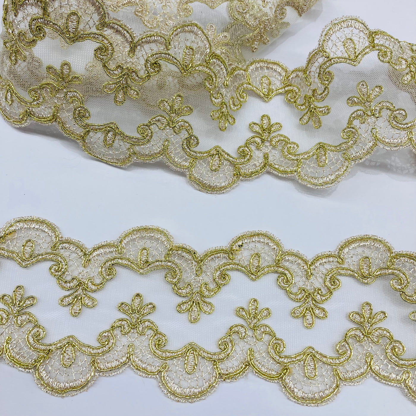 Corded & Embroidered Double Sided Gold Trimming on Mesh Net Lace. Lace USA