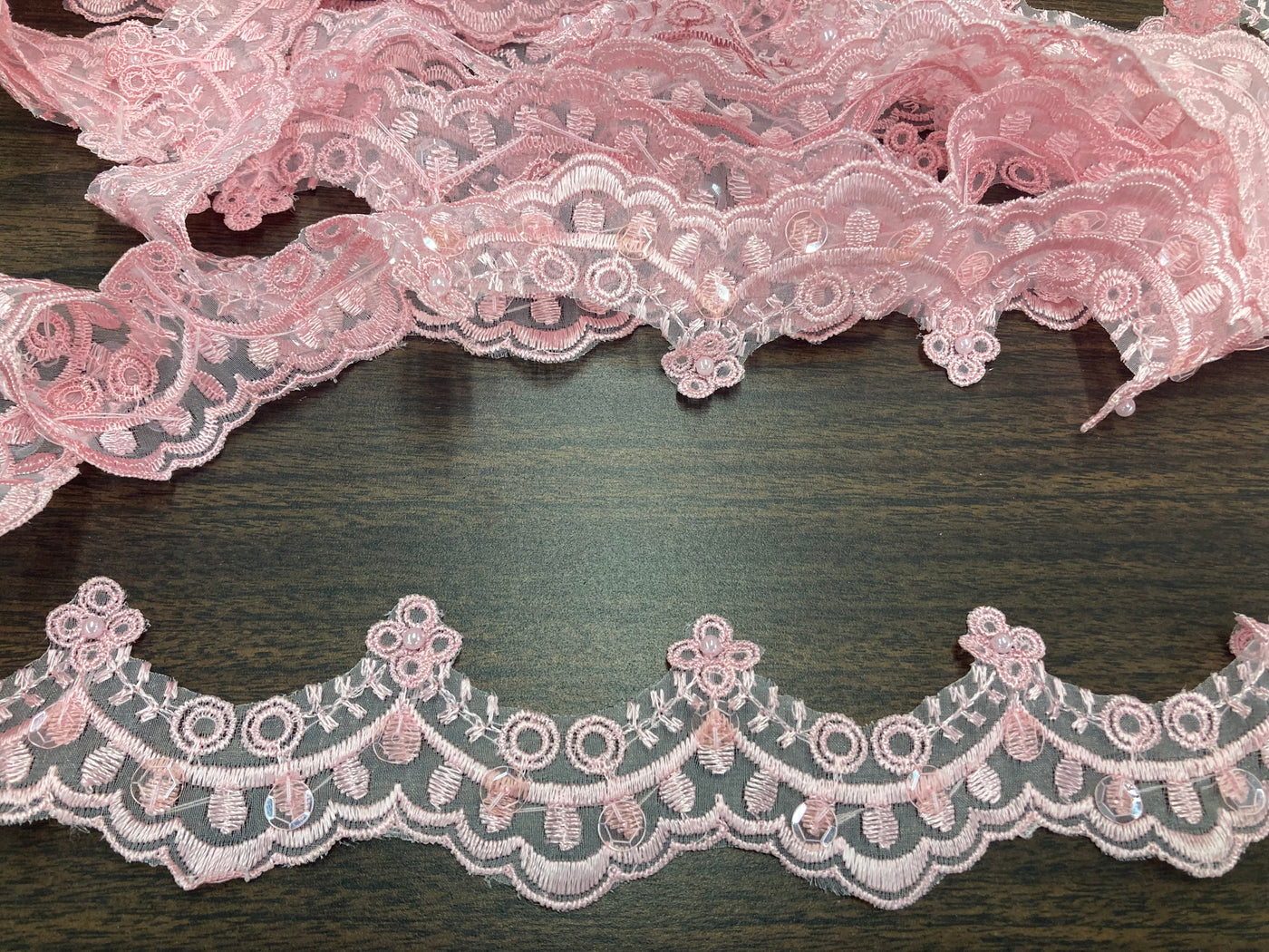 Beaded Pink Lace Trim Embroidered on 100% Polyester Organza . Large Arch Scalloped Trim. Formal Trim. Perfect for Edging and Gowns. Sold by the Yard. Lace Usa