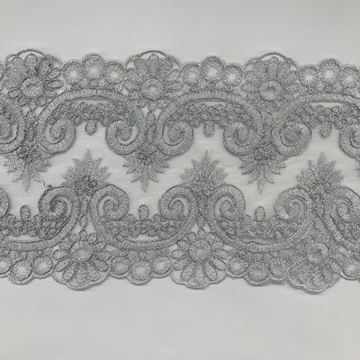 Corded & Embroidered Silver Double Sided Trimming on Mesh Net Lace. Lace Usa