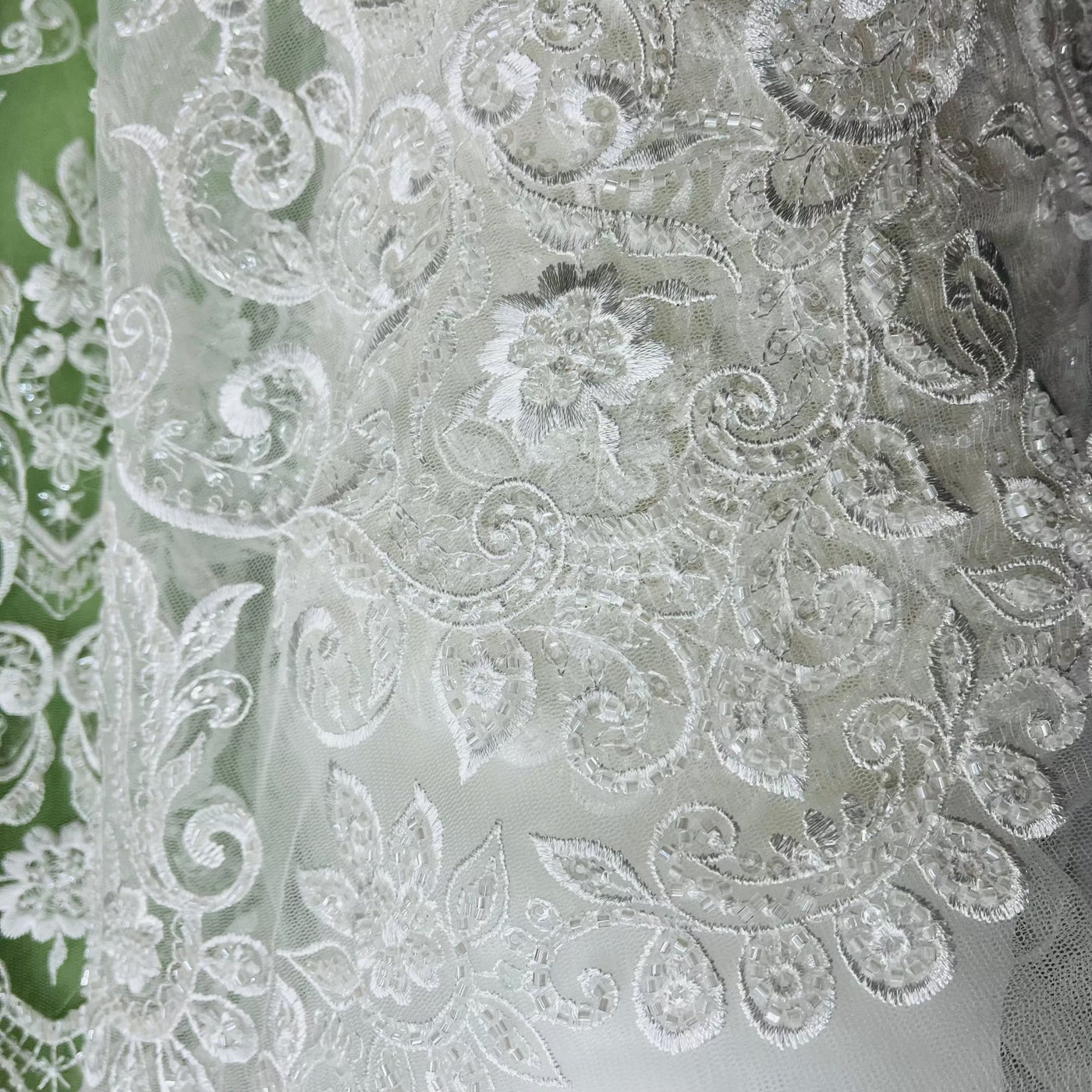 Beaded & Sequined Lace Fabric Embroidered on 100% Polyester Net Mesh | Lace USA - GD-12156 Ivory