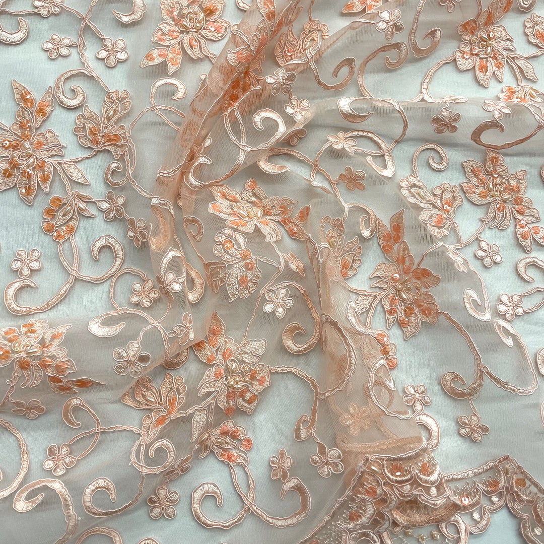 Mesh Lace Inset Beaded & Corded Bridal Fabric Lace 100% Poly Mesh|Lace USA - 95488W-BP