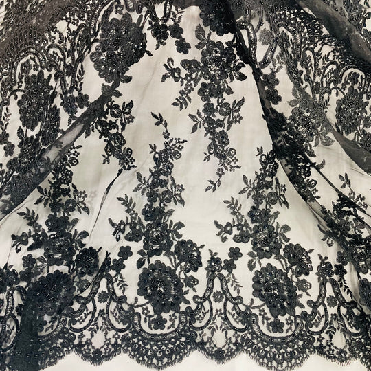 Beaded & Corded Bridal Lace Fabric Embroidered on 100% Polyester Net Mesh | Lace USA