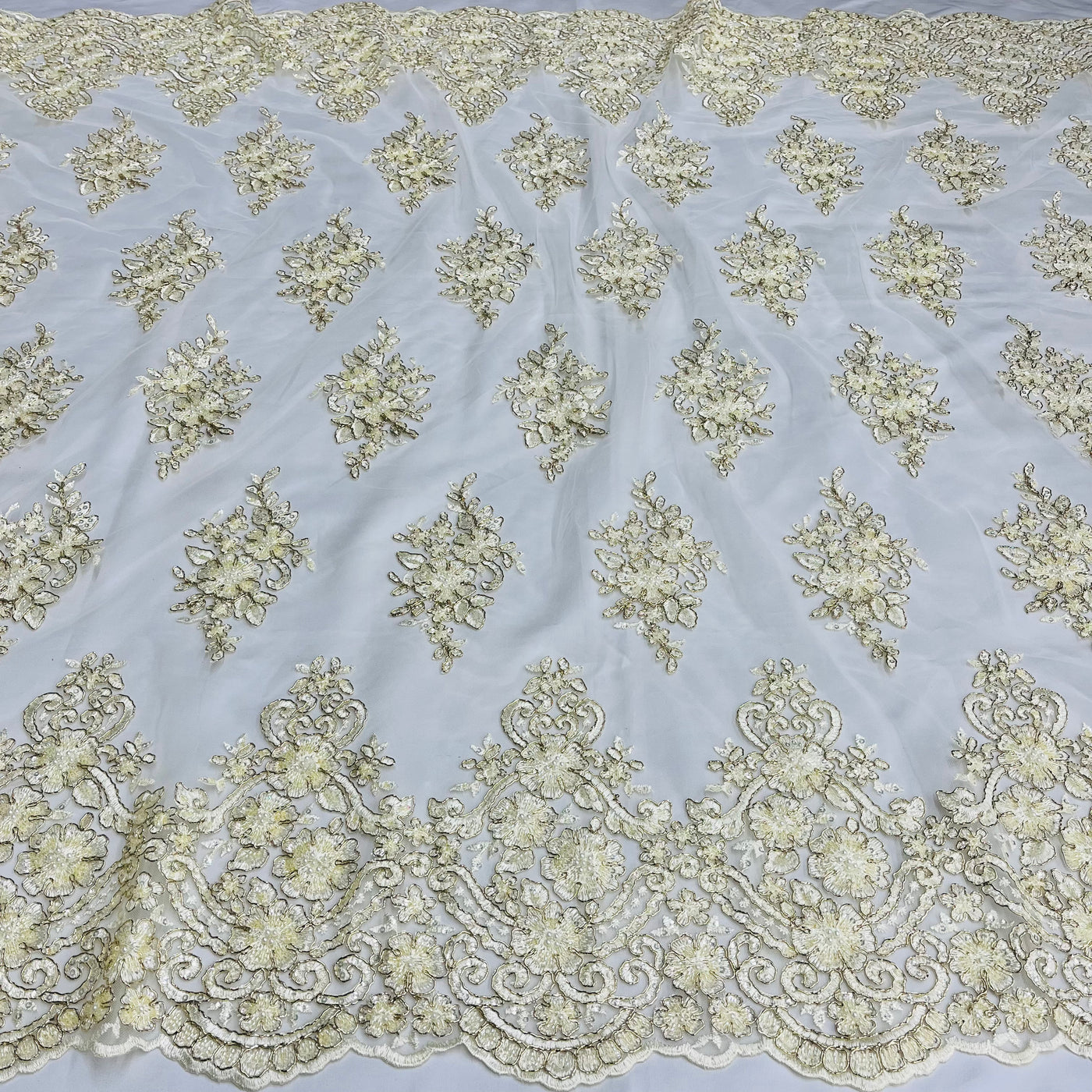 Beaded Corded Lace Fabric With Scallops Embroidered on 100% Poly Metallic | Lace USA