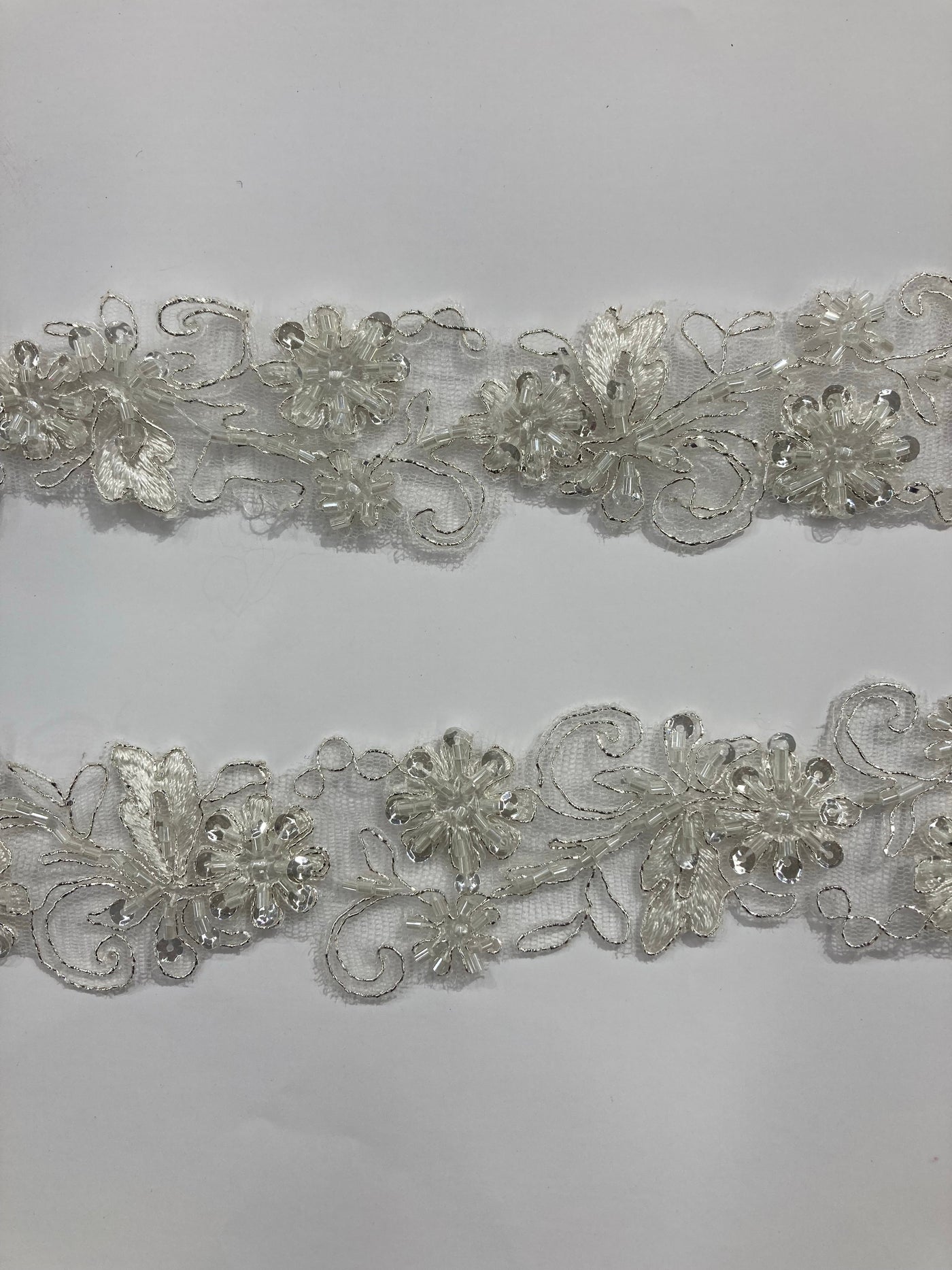 Beaded, Corded & Embroidered Ivory with Silver Trimming. Lace Usa