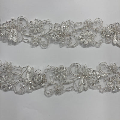 Beaded, Corded & Embroidered White with Silver Trimming. Lace Usa