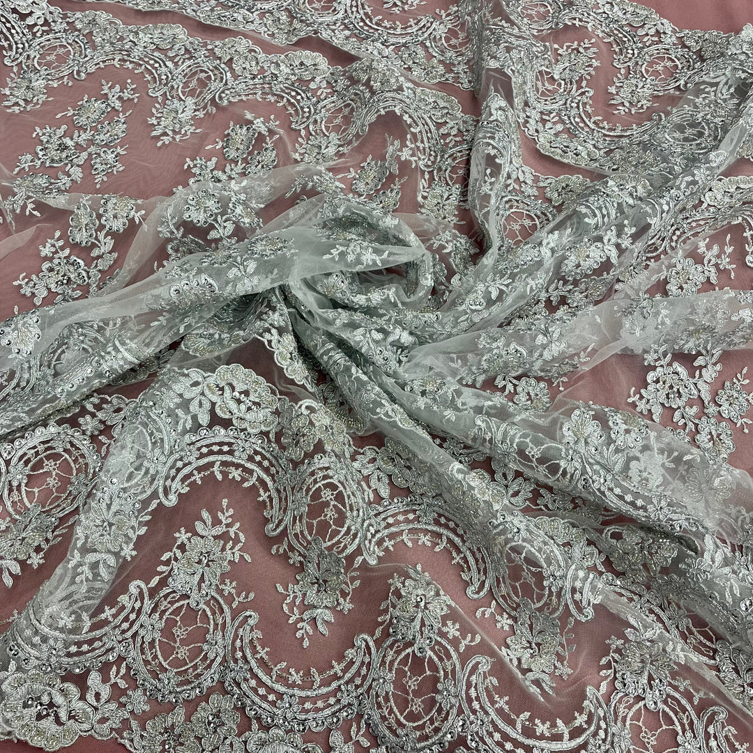 Beaded & Corded Bridal Lace Fabric Embroidered on 100% Polyester Net Mesh | Lace USA