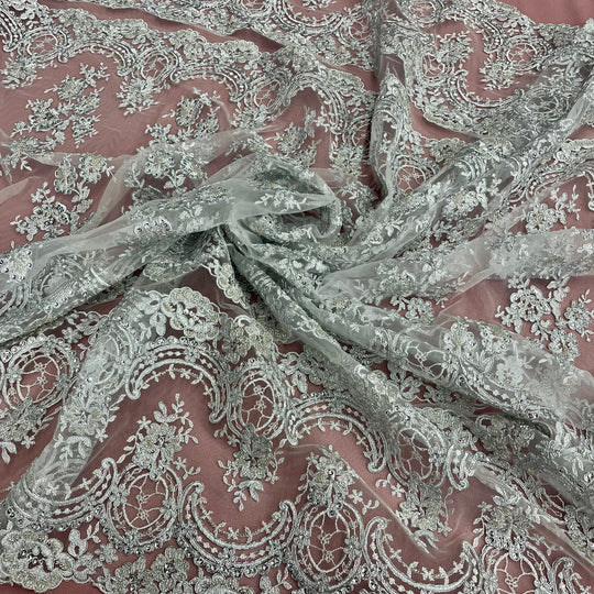 Beaded & Corded Bridal Lace Fabric Embroidered on 100% Polyester Net Mesh | Lace USA