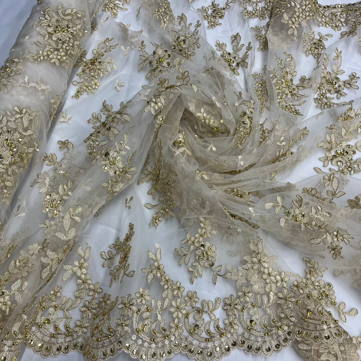 Beaded & Corded Bridal Lace Fabric Embroidered on 100% Polyester Net Mesh | Lace USA - 91436W-BP