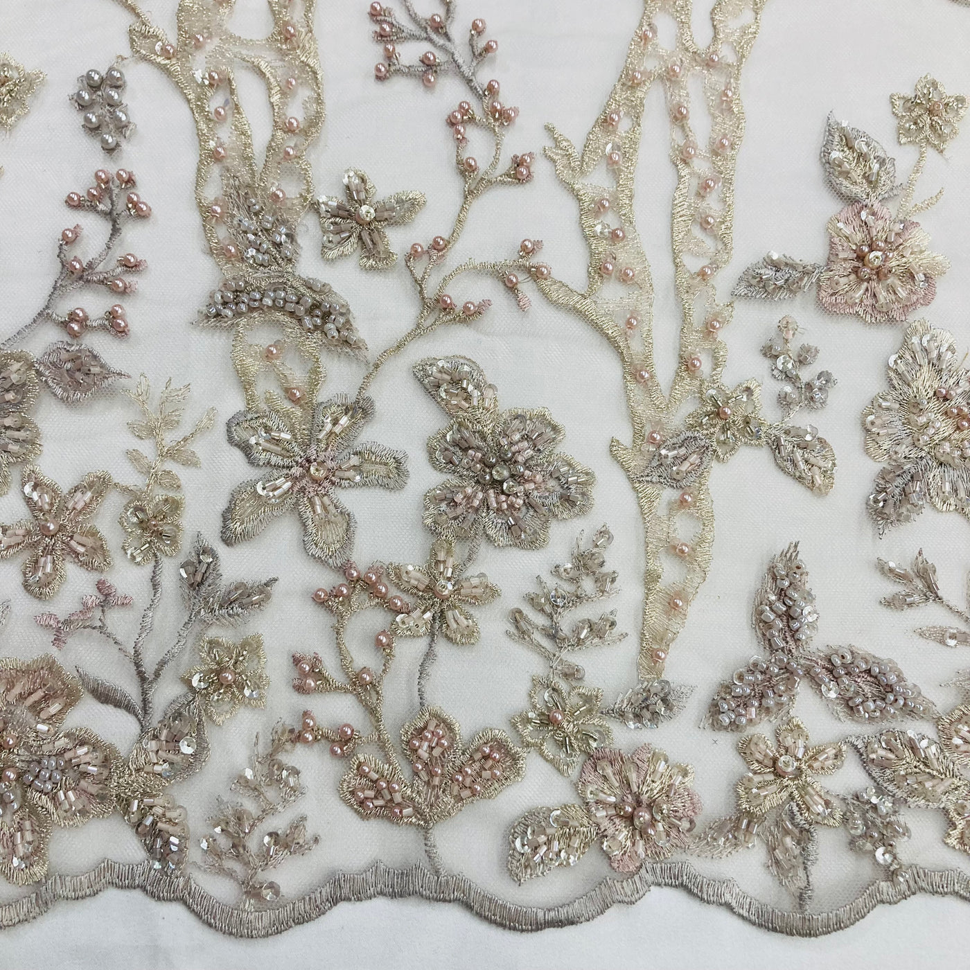 Embroidered & Beaded Net Mesh Fabric with Beads. Lace USA