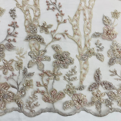 Embroidered & Beaded Net Mesh Fabric with Beads. Lace USA