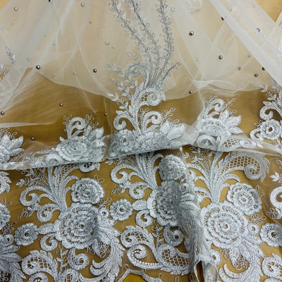 Beaded & Corded Bridal Lace Fabric Embroidered on 100% Polyester Net Mesh | Lace USA