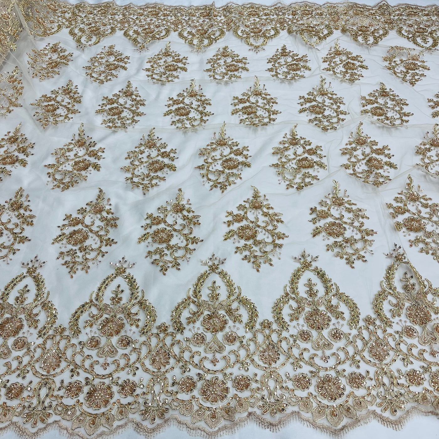 Beaded & Corded Bridal Lace Fabric Embroidered on 100% Polyester Net Mesh | Lace USA