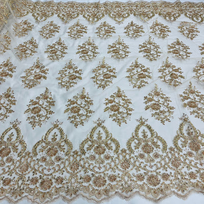 Beaded & Corded Bridal Lace Fabric Embroidered on 100% Polyester Net Mesh | Lace USA