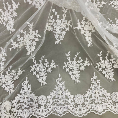 Beaded & Corded Bridal Lace Fabric Embroidered on 100% Polyester Net Mesh | Lace USA - 95247W-BP