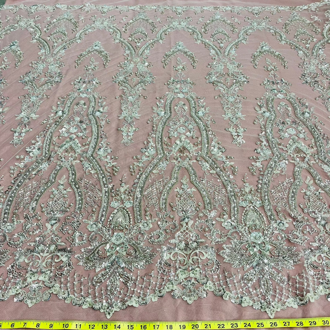 Beaded Lace Fabric Embroidered on 100% Polyester Net Mesh | Lace USA - GD-227239 Antique Silver