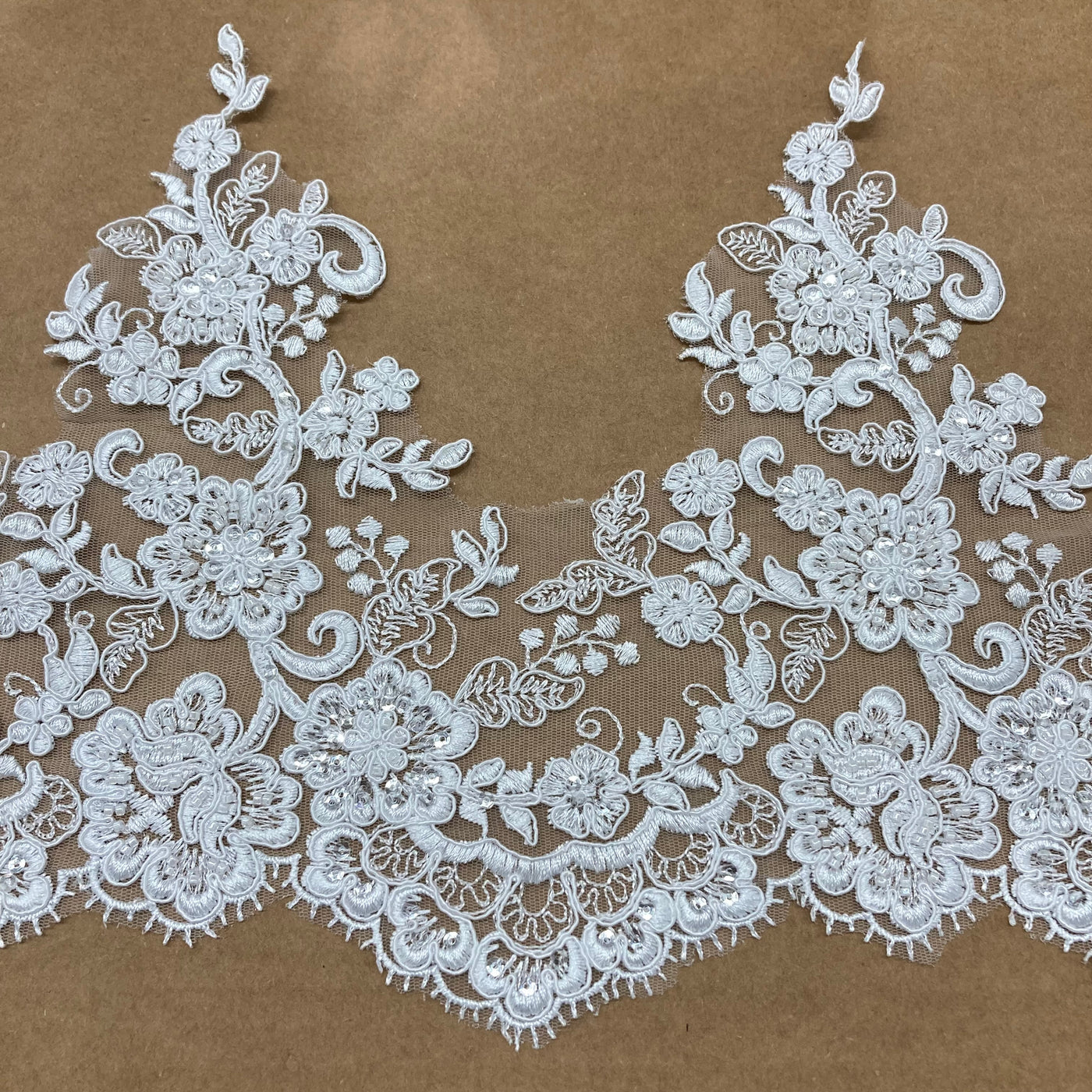 Corded, Beaded Floral White Lace Trimming Embroidered on Net Mesh. Lace Usa