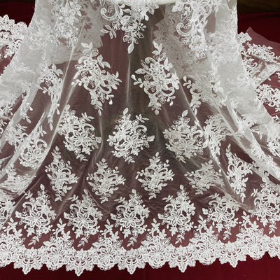 Corded & Beaded Bridal Lace Fabric Embroidered on Net Mesh. Lace USA