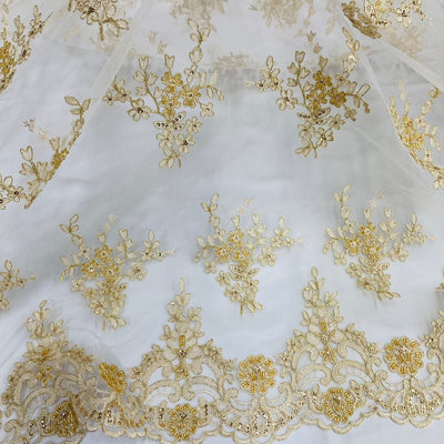 Beaded & Corded Bridal Lace Fabric Embroidered on 100% Polyester Net Mesh | Lace USA - 95247W-HB Gold
