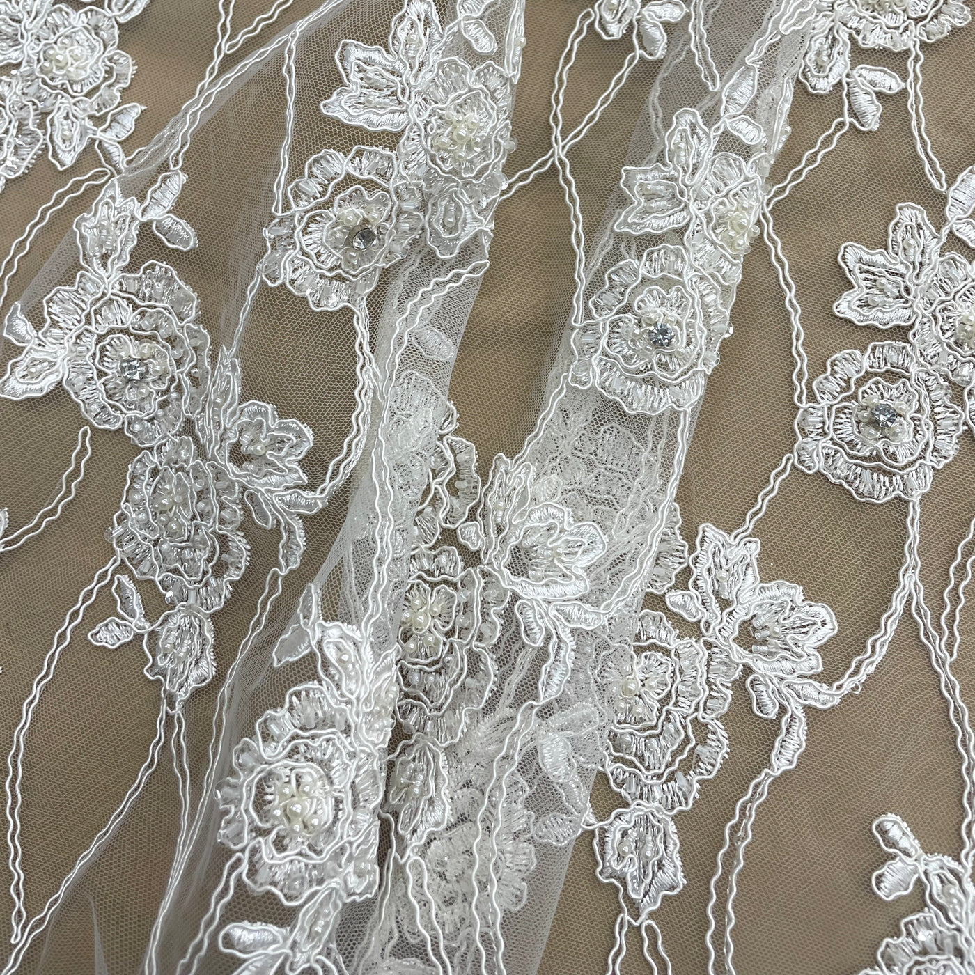 Beaded & Corded Bridal Fabric Lace Embroidered on 100% Polyester Net Mesh | Lace USA