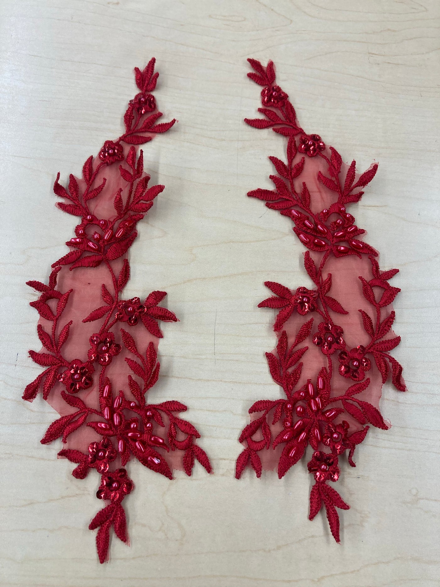 Red Beaded Floral Applique Lace on 100% Polyester Organza Sold by the Pair. This can be allied to theatrical, dance, ballroom, costumes, bridal dresses, bridal headbands endless possibilities.  Lace Usa