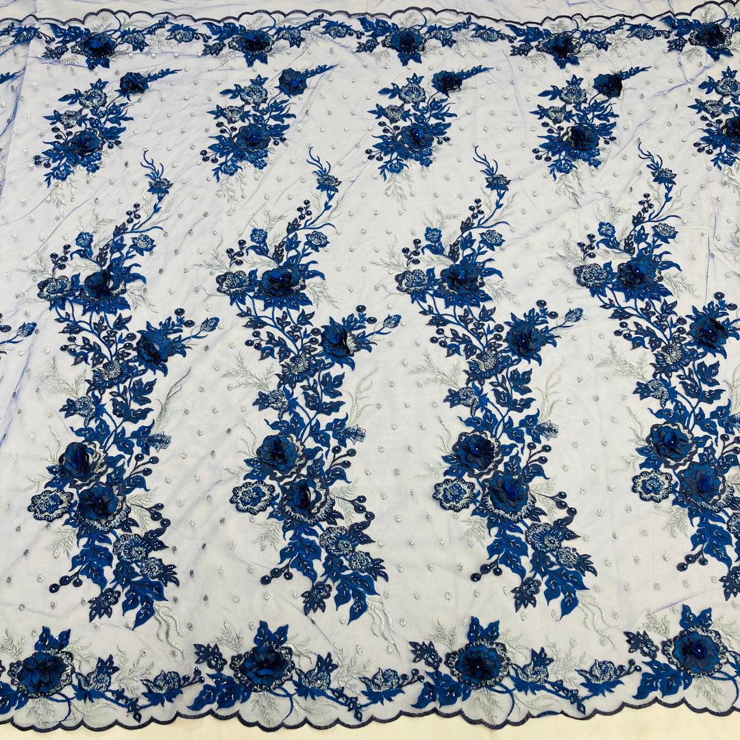 Netted Lace Beaded 3D Floral Lace Fabric Embroidered on 100% Polyester Net Mesh ...