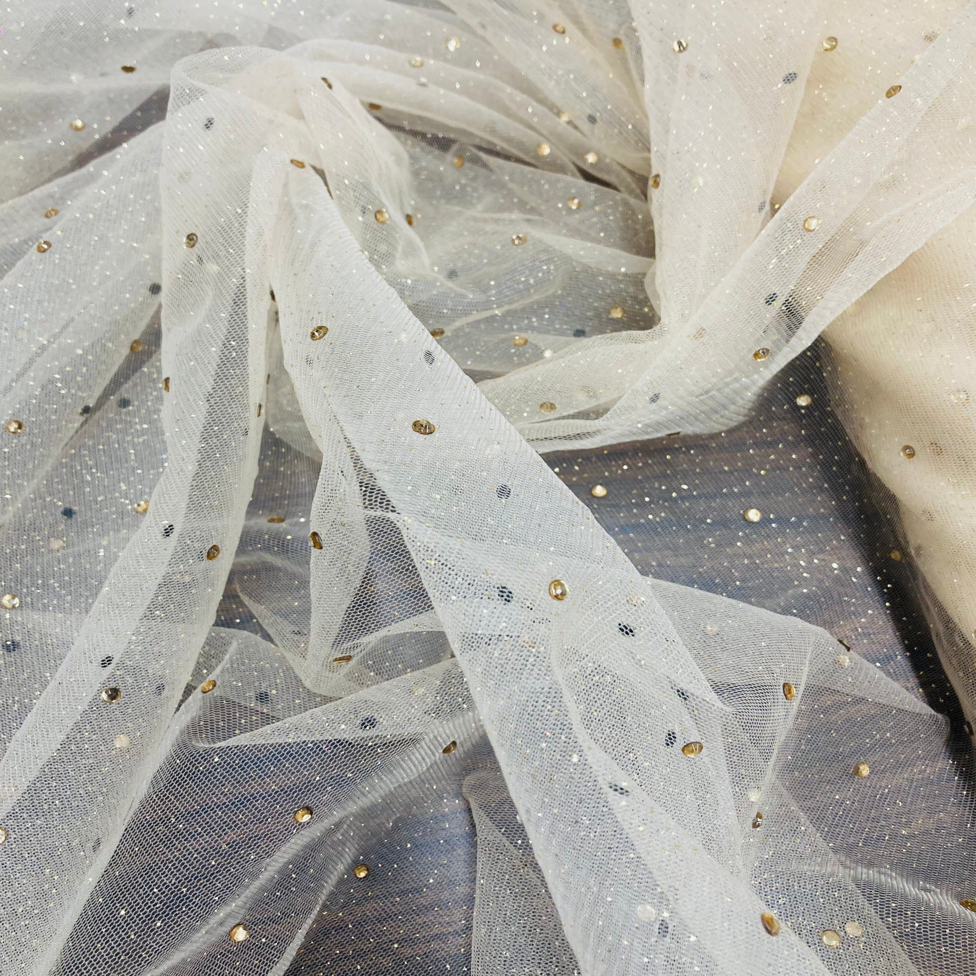 Glitter Mesh Fabric with Scattered Rhinestones 2-Way Stretch