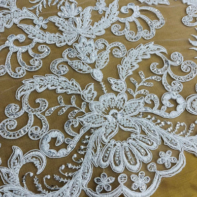 Beaded & Corded Bridal Lace Fabric Embroidered on 100% Polyester Net Mesh | Lace USA - GD-55518 White