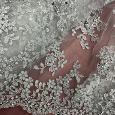 Beaded & Corded Bridal Lace Fabric Embroidered on 100% Polyester Net Mesh | Lace USA - 91436W-BP