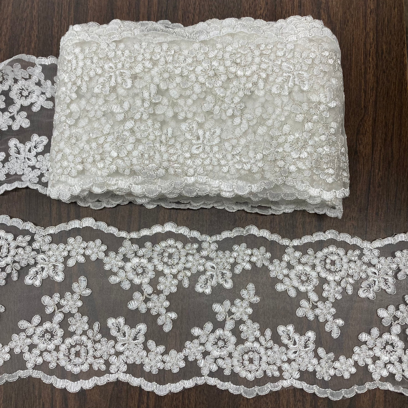 Corded & Embroidered Double Sided Ivory with Silver Trimming on Mesh Net Lace. Lace Usa