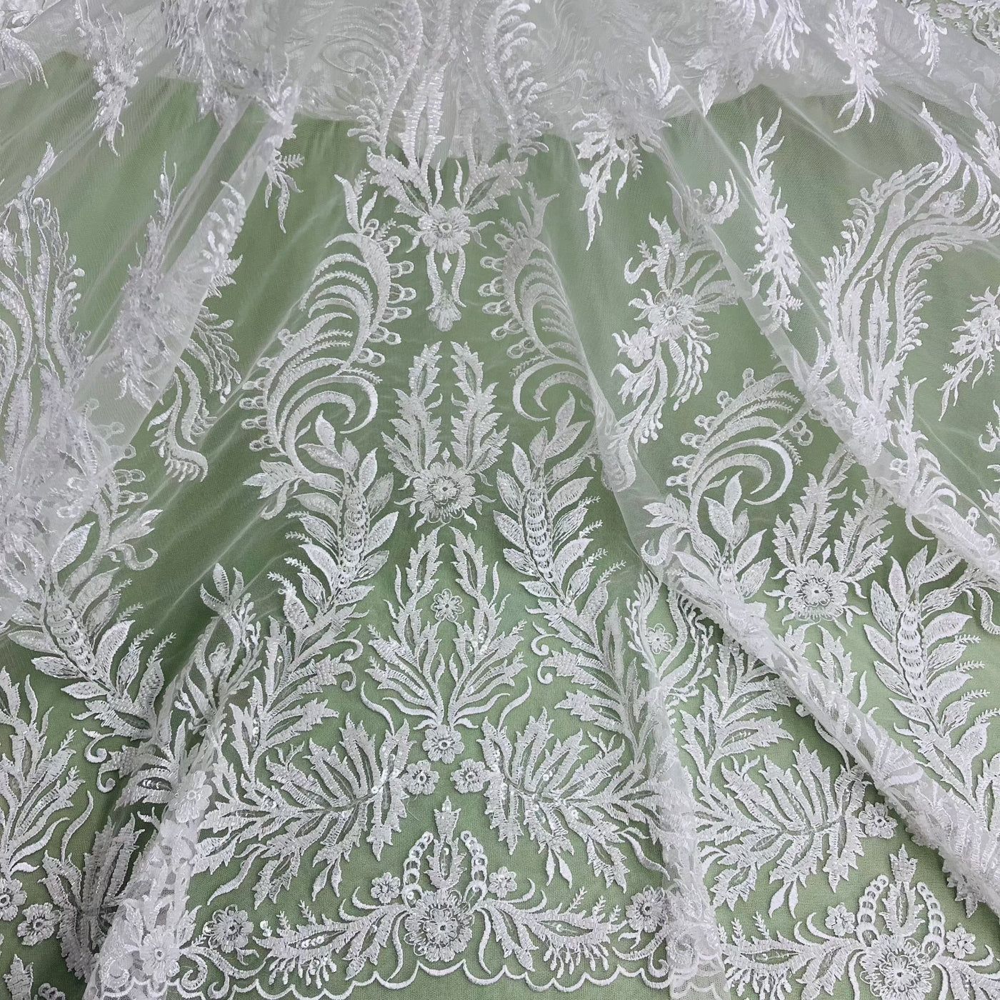 Beaded & Sequined Lace Fabric Embroidered on 100% Polyester Net Mesh | Lace USA - GD-13322 Ivory