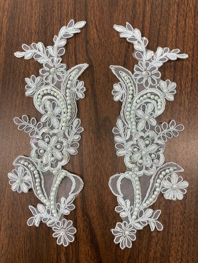 Beaded & Corded Floral Appliqué Lace Embroidered on 100% Polyester Organza or Net Mesh. This can be applied to Theatrical dance ballroom costumes, bridal dresses, bridal headbands endless possibilities.  Sold By Pair  Lace Usa