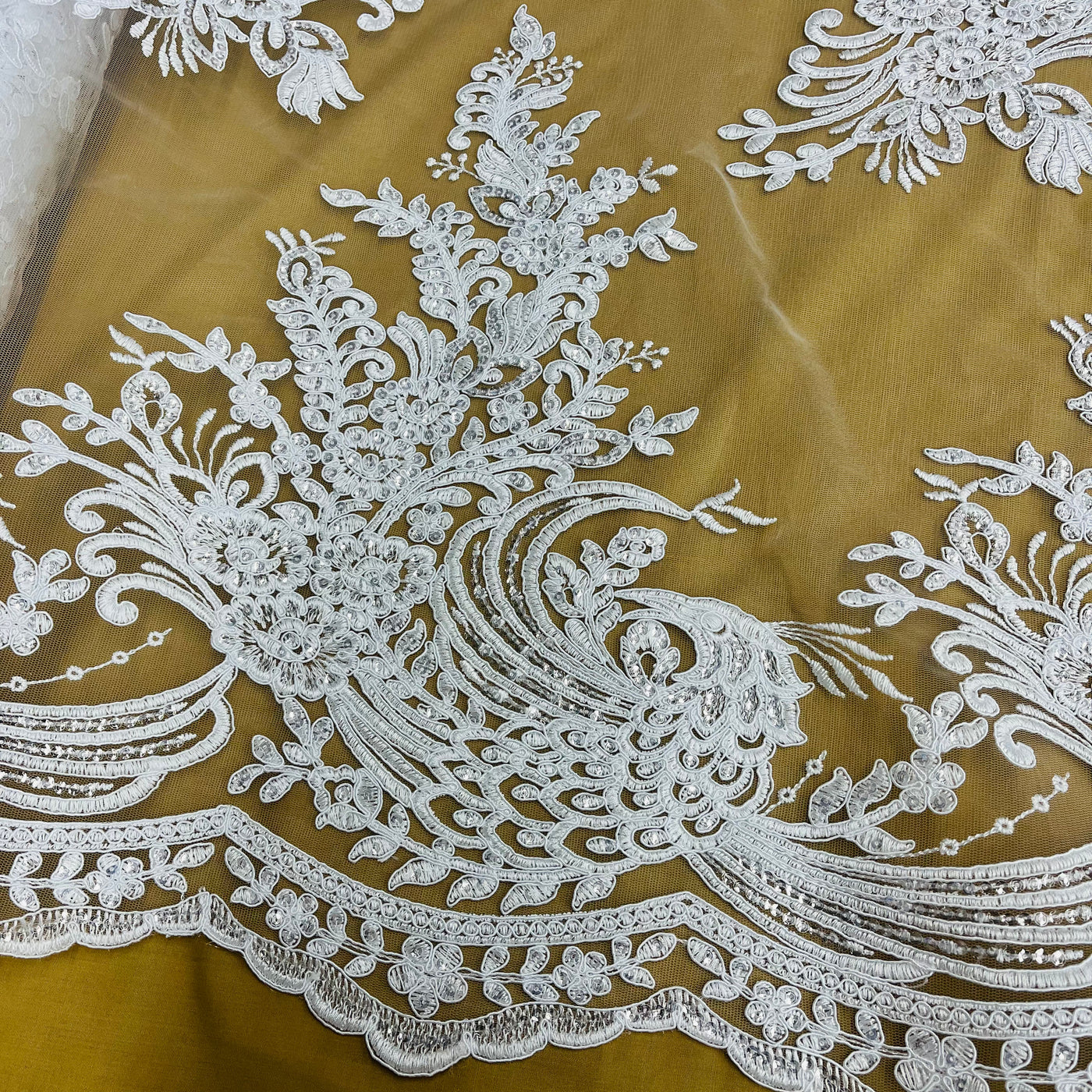 Beaded & Corded Bridal Lace Fabric Embroidered on 100% Polyester Net Mesh | Lace USA 