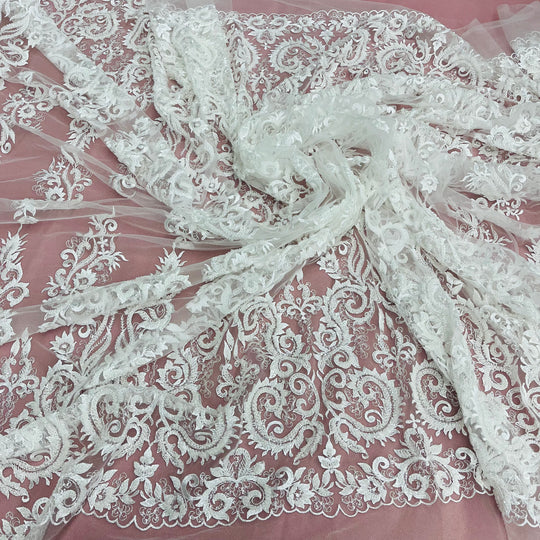 Beaded Lace Fabric Embroidered on 100% Polyester Net Mesh | Lace USA