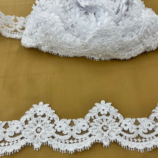 Beaded & Corded Lace Trimming Embroidered on 100% Polyester Net Mesh | Lace USA