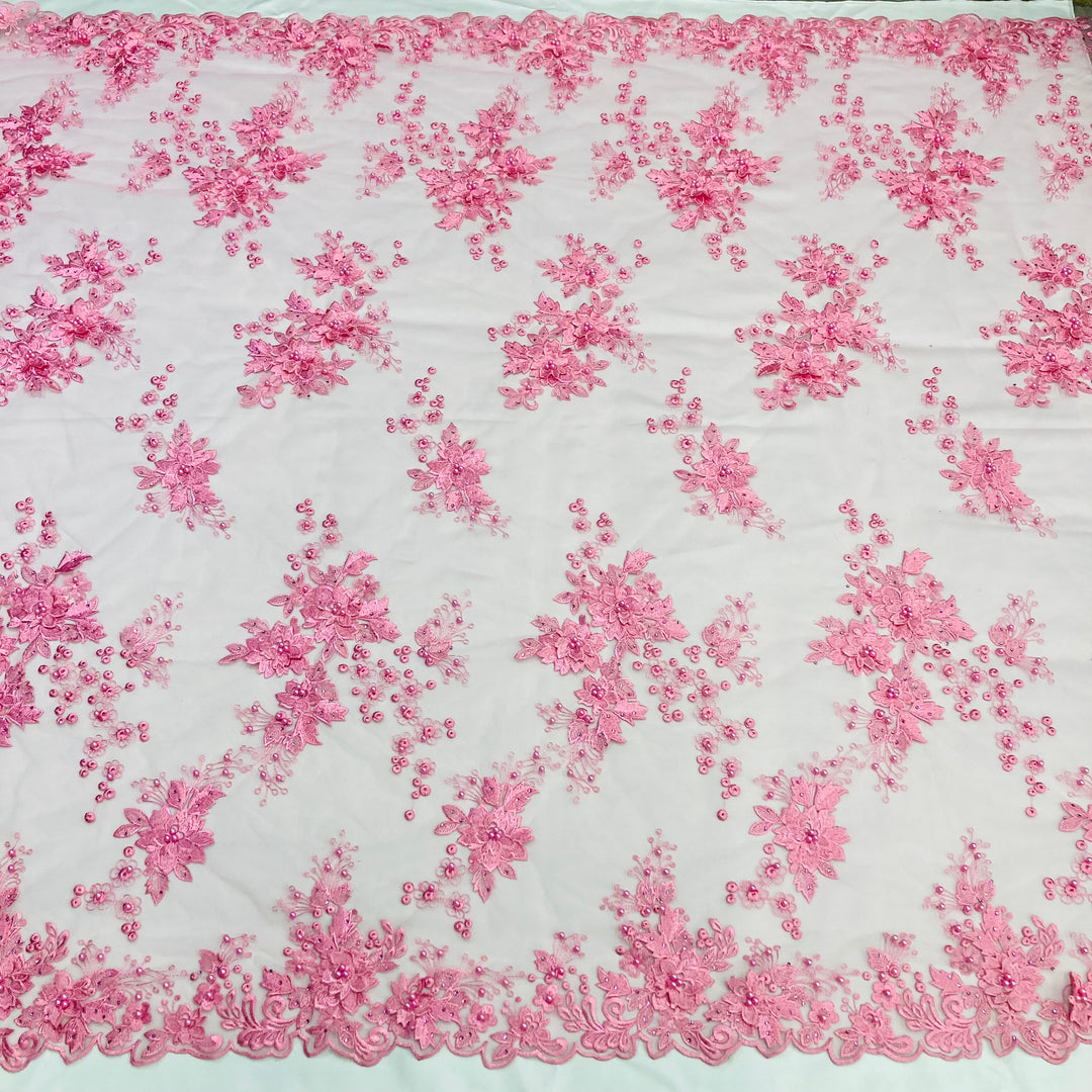Netted Lace Beaded 3D Floral Lace Fabric Embroidered on 100% Polyester Net Mesh ...