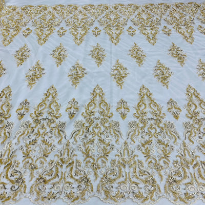 Beaded & Sequined Lace Fabric Embroidered on 100% Polyester Net Mesh | Lace USA - GD-13314 Gold