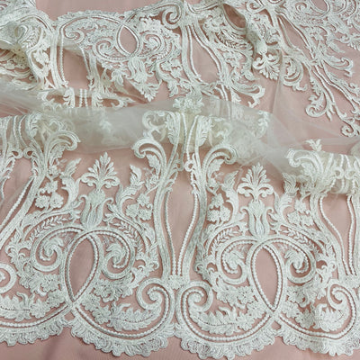Beaded & Corded Bridal Lace Fabric Embroidered on 100% Polyester Net Mesh | Lace USA