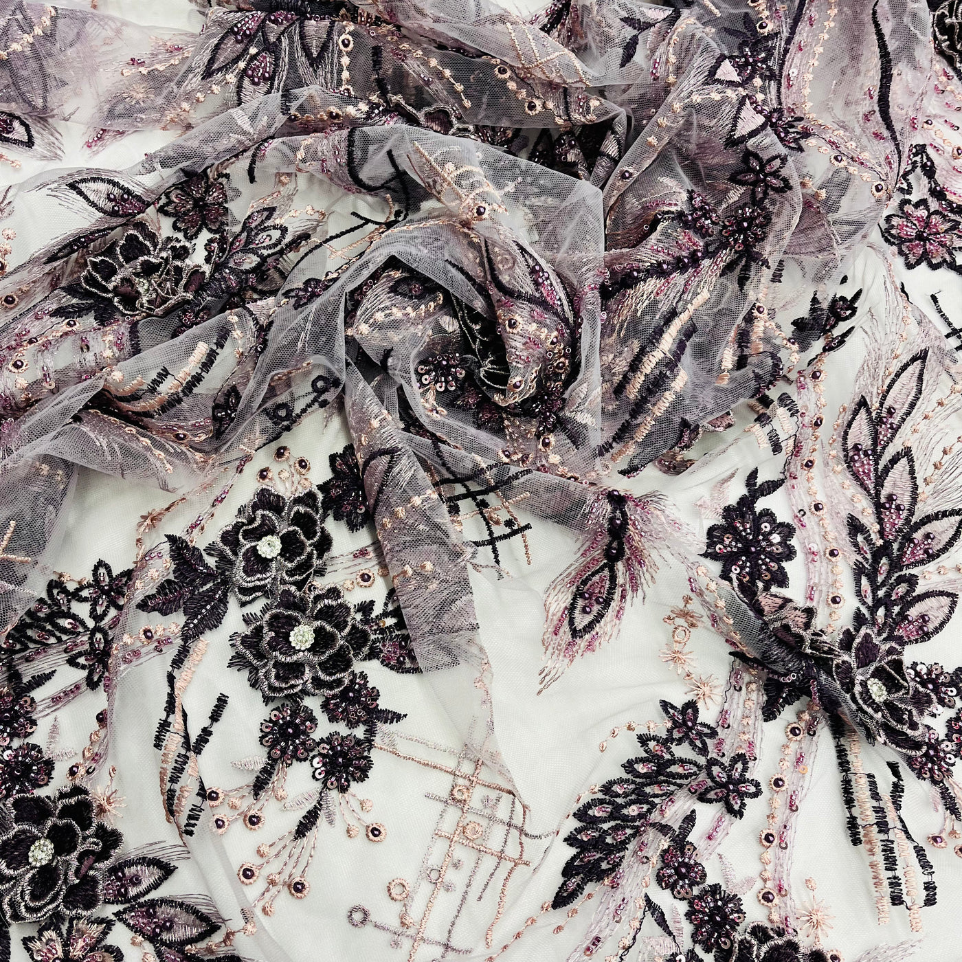 Beaded & Rhinestone 3D Floral Lace Fabric Embroidered on 100% Polyester Net Mesh | Lace USA