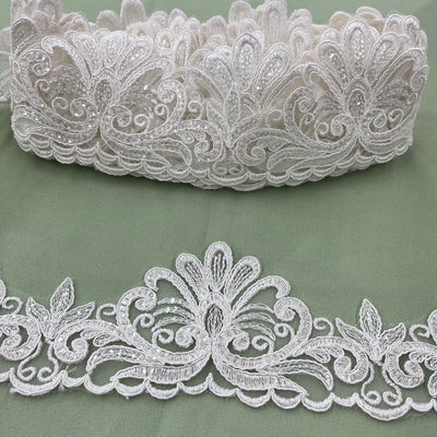 Beaded & Corded Floral Lace Trimming Embroidered on 100% Polyester Net Mesh | Lace USA