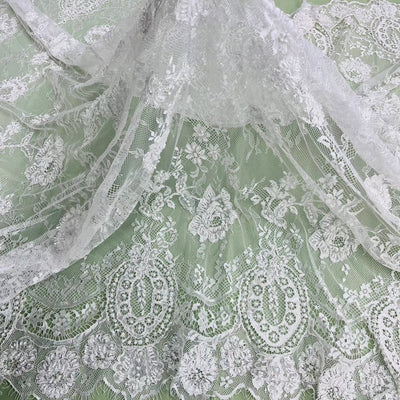 3 Yards Precut Beaded & Corded Chantilly Floral Lace Fabric Embroidered on 100% Polyester Net Mesh | Lace USA - 97143W-BP Ivory