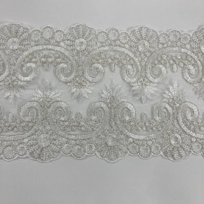 Corded & Embroidered Ivory with Silver Double Sided Trimming on Mesh Net Lace. Lace Usa